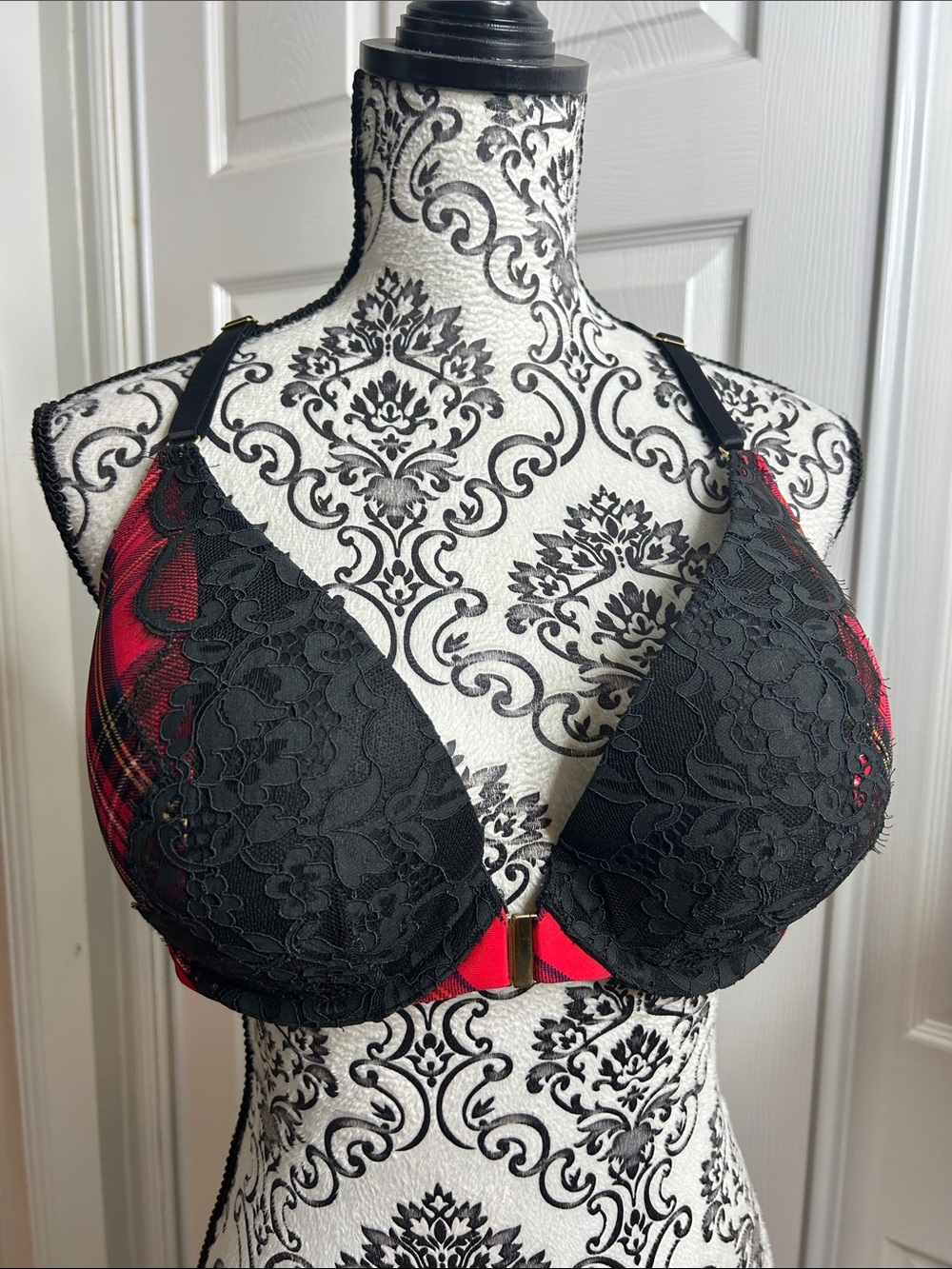 Cacique Lace Overlay Red Plaid Push-Up Bra Boost Plunge 40D